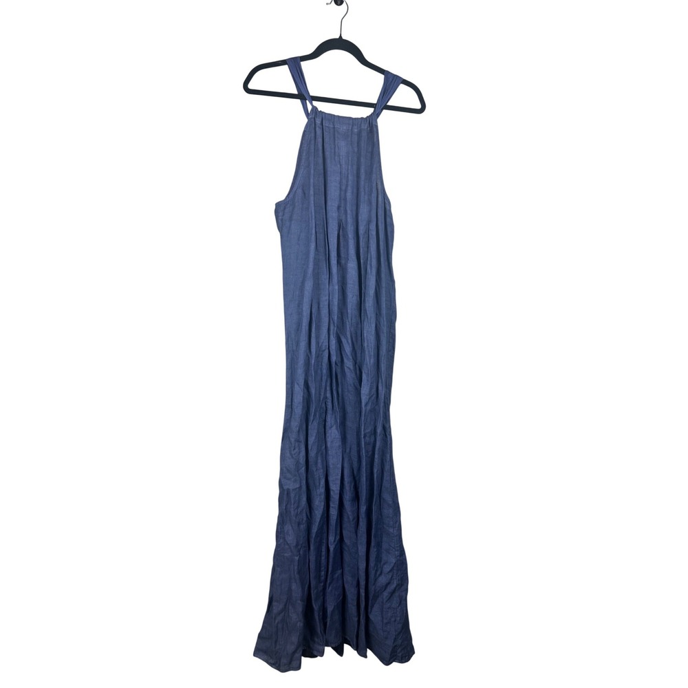 120% Lino Women’s Navy Blue Maxi Dress - Sleeveless Halter Style